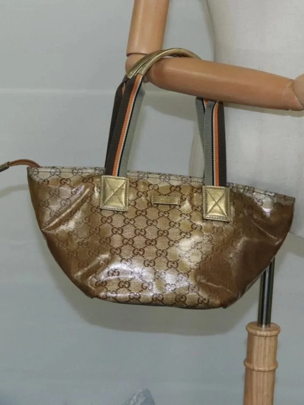 GUCCI GG Crystal Sherry Line Hand Bag Gray Gold Brown Auth mr876